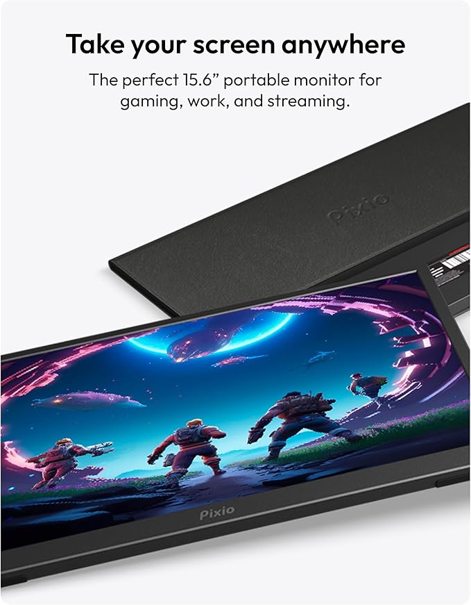 Pixio PX160 Wave Portable Monitor 15.6 inch 60Hz FHD 1080p IPS Panel HDR Screen Cover Stand USB-C HDMI Laptop Screen Extender Portable Monitor for Laptop PC Console Phone