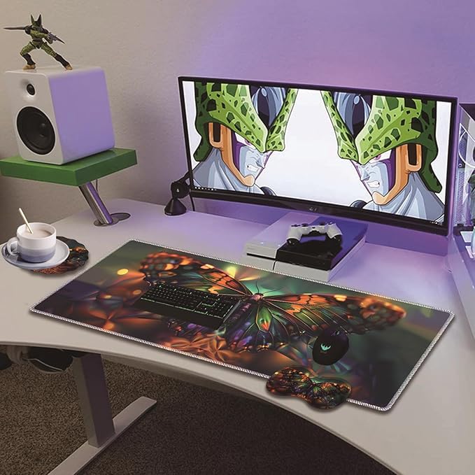 Extended Non-Slip Mouse Pad + Mouse Wrist Rest + Lace-Shaped Coaster Set Ergonomic Design Suitable for Desk and Home Gaming Table Mat Psychedelic Butterfly