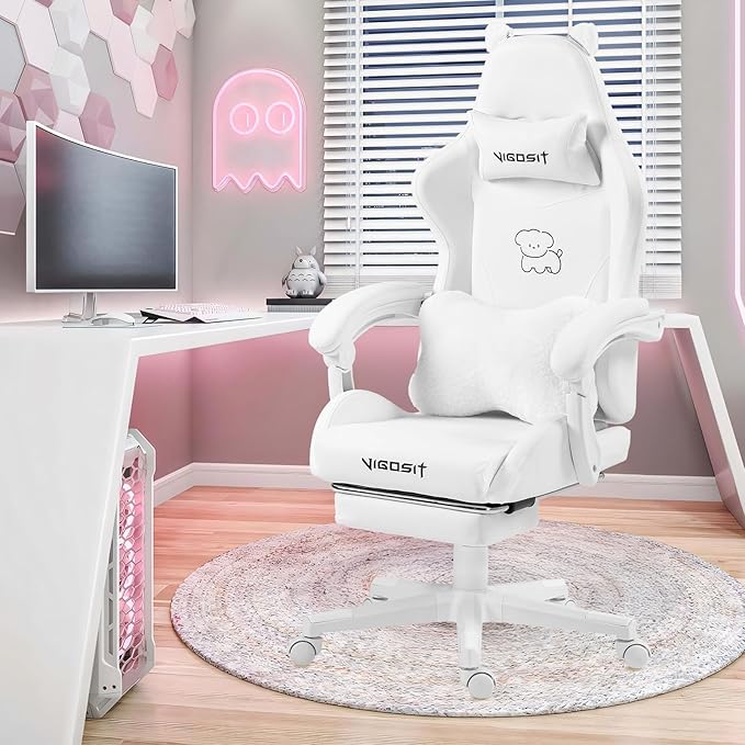 White Dog Gaming Chair with Footrest Ergonomic Cute Gamer Chair for Girls and Women Comfortable Desk Computer Chair Adults Teens