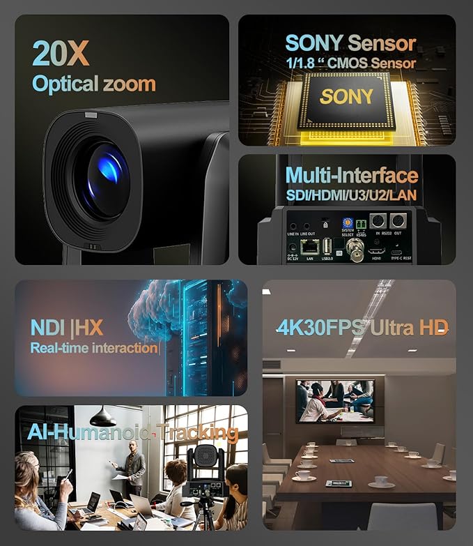 4K NDI PTZ Camera with 20X Optical Zoom AI Auto TrackingVideo Conference Camera HDMI SDI USB IP Live Streaming for Church Worship Live Services Education Events PoE