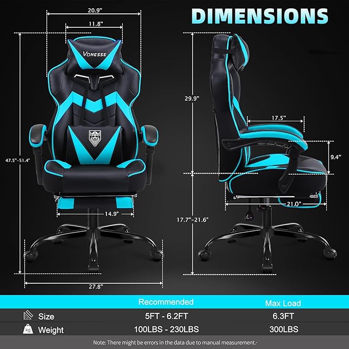 Vonesse Gaming Chair High Back Gaming Chair with Footrest and Massage Gaming Chairs for Adults with Pocket Spring Cushion Big and Tall Reclining Computer Chair with Lumbar Support (Cyan/Black)