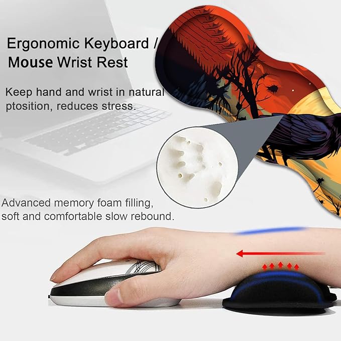 Large Gaming Mouse Pad Keyboard Wrist Rest Pad + Mouse Wrist Pad + Coaster 4 in 1 Set Extended Waterproof Non-Slip Desk Mat Suitable for Office Home Learning Games Branch Crow