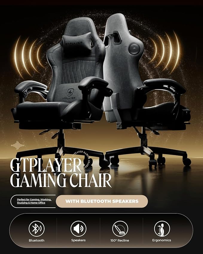 GTPLAYER Gaming Chair with Speakers Video Game Chairs with Footrest PC Gamer Chairs for Adults - Padded High Back Ergonomic Reclining Silla Gamer Linkage Armrest Ace Pro Grey