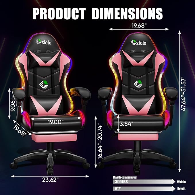 Gaming Chair Racing Style RGB LED Lights Gaming Chairs for Adults and Kids Lumbar Massager Gamer Chair High Back Reclining Computer Chair with Footrest and Headrest (Black/Pink)