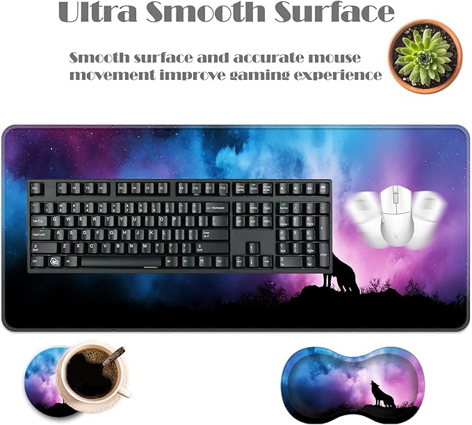 Ergonomic Keyboard Wrist Rest &amp Mouse Pad Wrist Rest SetXL Gaming Desk Mat 31.5x 11.8Non-Slip BaseMemory FoamEasy Typing Pain Relief for Office &amp HomeHowling Wolf Colorful Starry