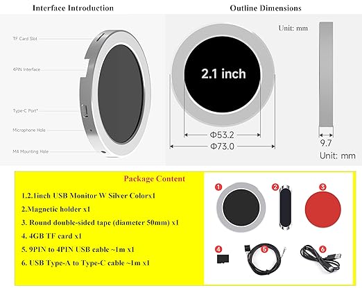 2.1inch USB Monitor 480×480 Pixel-Water Cooler Screen/PC Case Secondary Screen/Desktop RGB Ambient Screen with Music Spectrum Analysis Function Various Data Monitoring CNC Metal Case Silver