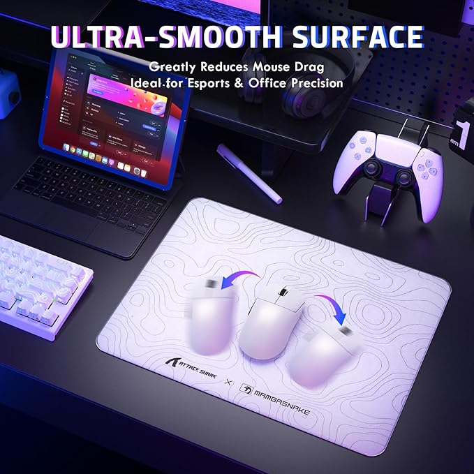 ATTACK SHARK CM05SE Glass Gaming Mouse Pad for FPS &amp Esports Nano-Etched Tempered Glass SurfaceUltra-Smooth Low Friction Hard MousepadWaterproof Large Desk Mouse Mat for PC SetupWhite Contour