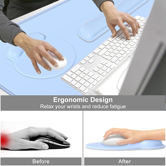 Dapesuom Large Gaming Mouse Pad Mouse Pads with Wrist Rest Wrist Support 4in1 Big XXL Desk Mat Desk Pad + Ergonomic MousePad + Memory Foam Keyboard Mat Wrist Rest + Coaster Set for ComputerSky Blue