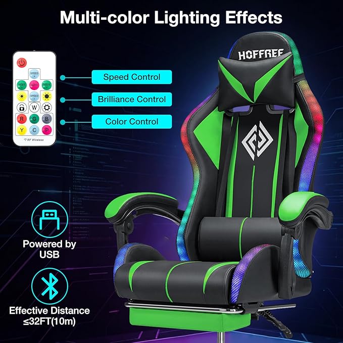 Gaming Chair Massage with LED RGB Lights and Footrest Ergonomic Computer Chair High Back Video Game Chair with Adjustable Lumbar Support Linkage Armrest Green and Black