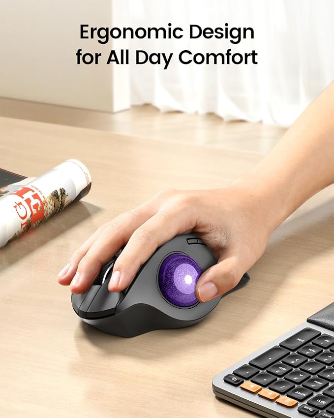 ProtoArc Wireless Trackball Mouse EM01 NL Ergonomic Bluetooth Rollerball Thumb Rechargeable Computer Laptop Mouse Adjustable Angle &amp 3 Device Connection for PC Mac Windows-Purple Ball