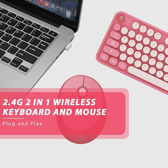 Wireless KeyboardKOOTOP Cute Colorful 104 Keys Typewriter Retro Round Keycaps Keyboard for PC LaptopDesktopWindows Home and Office Keyboards(Pink)