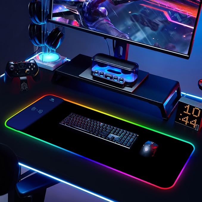 RGB Gaming Mouse Pad with Wireless Charging Large LED Mouse Pad with 10 Light Modes Extended Keyboard Pad Non-Slip Rubber BaseWaterproof Desk Pad for Home Office Black