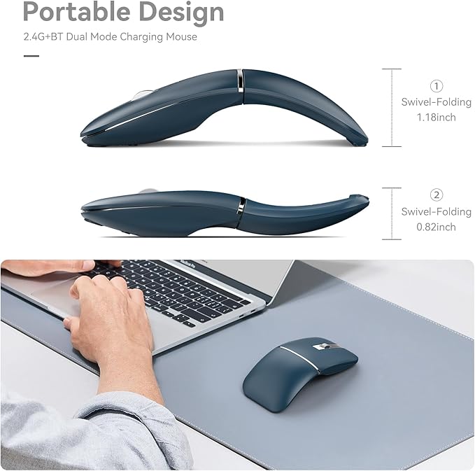 Bluetooth Wireless Arc Travel Mouse Dual Model (2.4G+BT5.1) Rotating Foldable Mouse for Microsoft Rechargeable Slim Portable Mice for Laptop Notebook PC MacBook Chromebook - Sapphire Blue