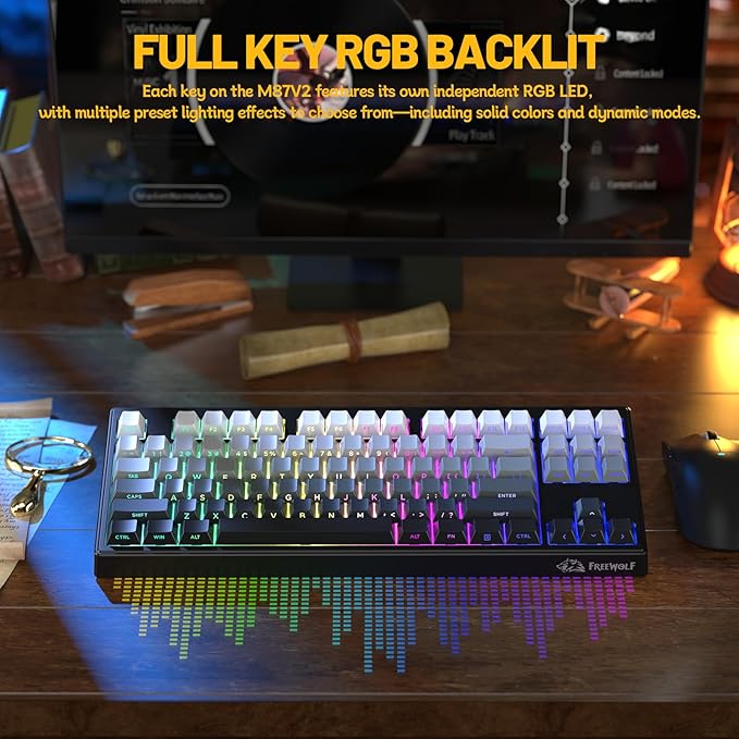 M87V2 87 Keys Membrane Gaming Wireless Keyboard80% TKL Layout Side Printed Keys Retro Cute CreamyRGB Backlit 4000mAh 2.4G/BT/Wired Computer Silent Keyboard for MAC PC-Gradient Black