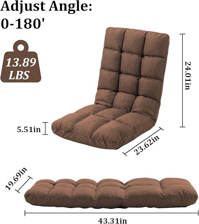 Folding Floor Gaming Chair with Back Support 14-Position Adjustable Recliner - Padded Cushion with Breathable Linen &amp Cotton Blend for Adults &amp Kids Perfect for Gaming Reading &amp Meditat
