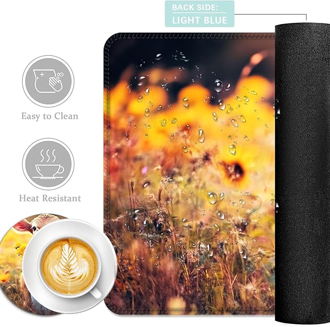 Keyboard Mouse Pad Set Extended Gaming Mouse Pad+Ergonomics Keyboard Wrist Rest Support Memory Foam Easy Typing Pain Relief 4Pcs XL Ultra Thick Desk MatCalf Sunflower Field