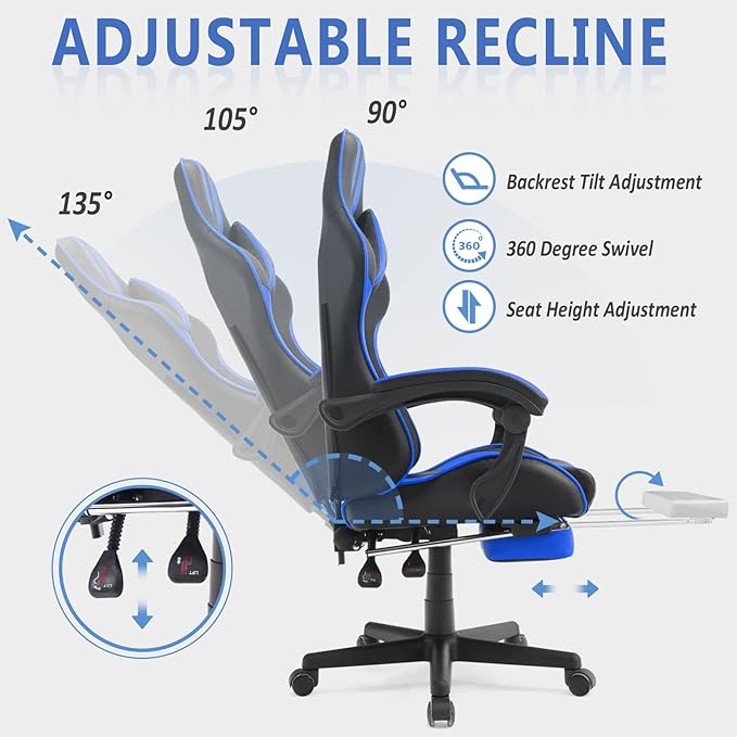 Racing Style PC Computer ChairComputer Gaming Chair E-Sports ChairErgonomic Office Chair with Height AdjustmentRetractable FootrestHeadrest and Massage Lumbar Support(Navy Blue)