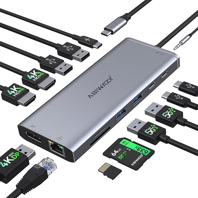 USB C Hub USB-C Docking Station Dual Monitor 14 in 1 Triple Display Multiport Adapter with 2 HDMI+DP+7 USB Type C/A Ports+Ethernet+Audio USBC Dongle for Dell/HP/Lenovo ThinkPad/Surface(Grey)