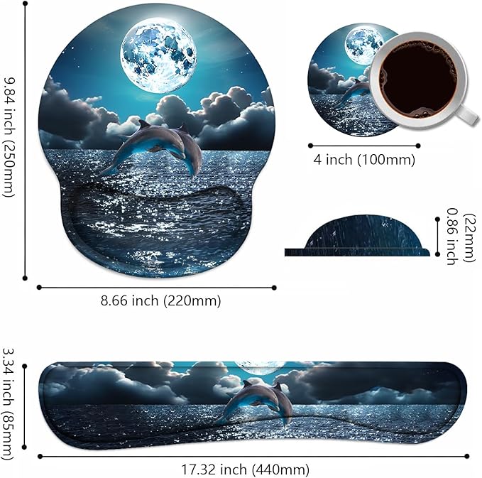 Keyboard Wrist Rest + Mouse Pad Wrist Support Set with Coasters Non-Slip PU Base Ergonomic Mousepad for Home Office Working Studying Easy Typing &amp Pain Relief Dolphin
