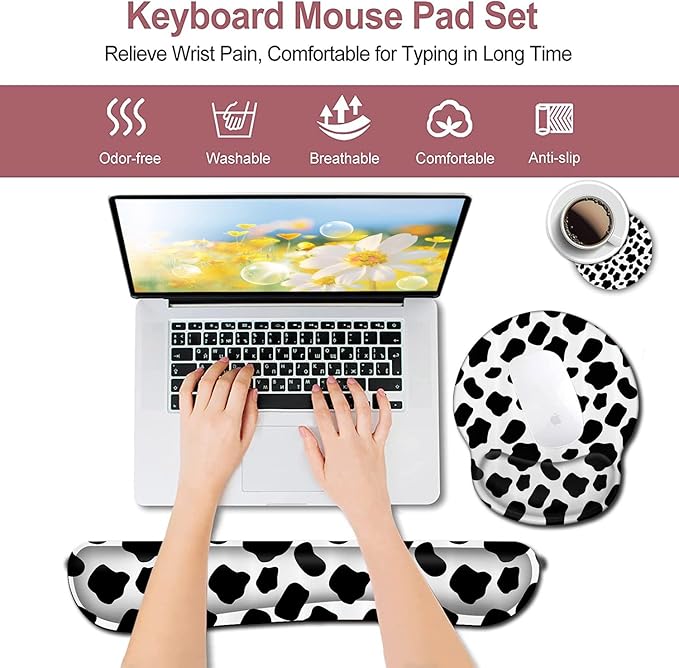 Wireless Mouse Pad with Wrist Support Ergonomic Gel Mouse Pad Keyboard Wrist Rest Soft Memory Foam Keyboard Wrist Pad for Office Typing Desk Pad Black and White Cow Pattern Animal Gaming Mousepad