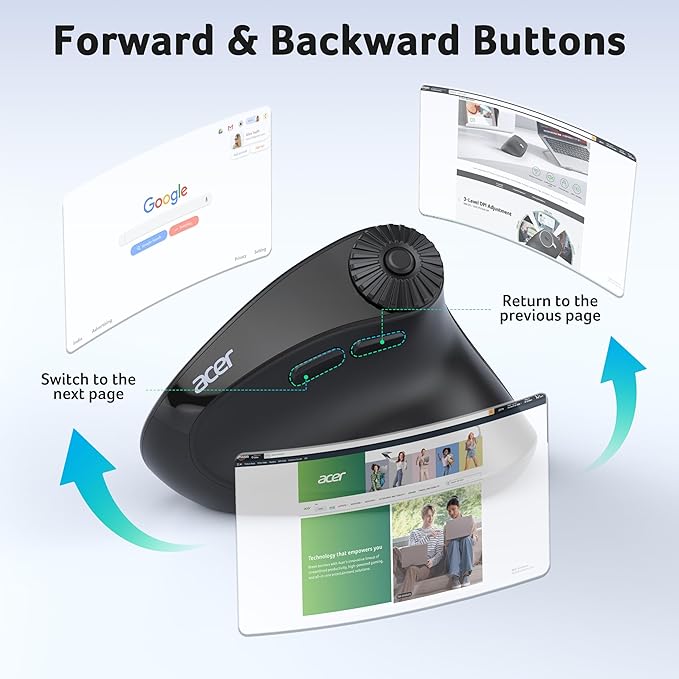 acer Ergonomic Mouse Wireless with Side Scroll Wheel Bluetooth Mouse for Laptop(BT5.2+2.4GHz) Office Vertical Computer Mice Small to Medium Sized Hands Ergo Mice 8 Buttons for PC and Desktop
