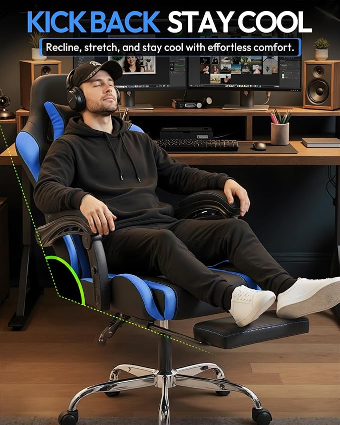 Dowinx Ergonomic Gaming Chair with Footrest &amp Massage Lumbar 2D-Linkage Armrests for Computer Chair 330lbs with Headrest Pillow for Office Home Streaming and Long Gaming Sessions Blue