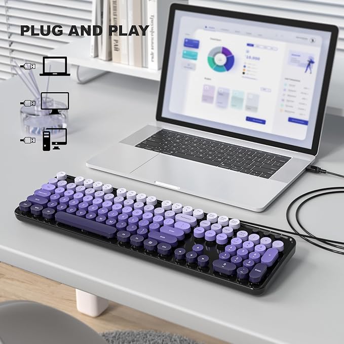 Computer Keyboard Wired Plug and Play USB Retro Round Typewriter Keyboard Full Size Wired Keyboard with Foldable Stands for Laptop and Office PC- Black Purple Gradient