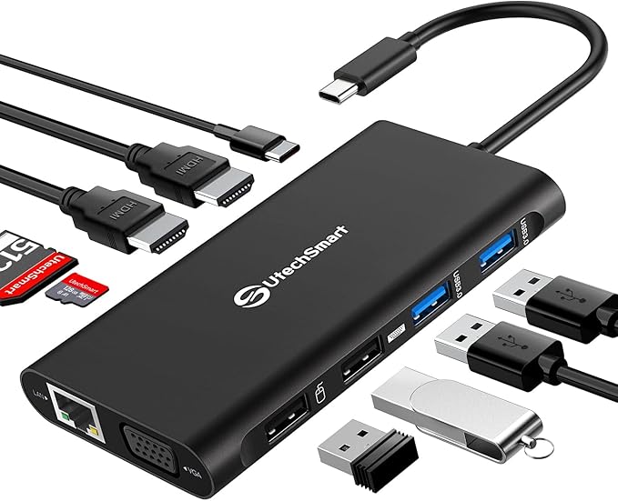 UtechSmart Triple Monitor USB-C Laptop Docking Station - 11-in-1 Dock with 2 HDMI VGA PD3.0 SD/TF Card Slot 4 USB Ports - Compatible with MacBook &amp Windows (Black)