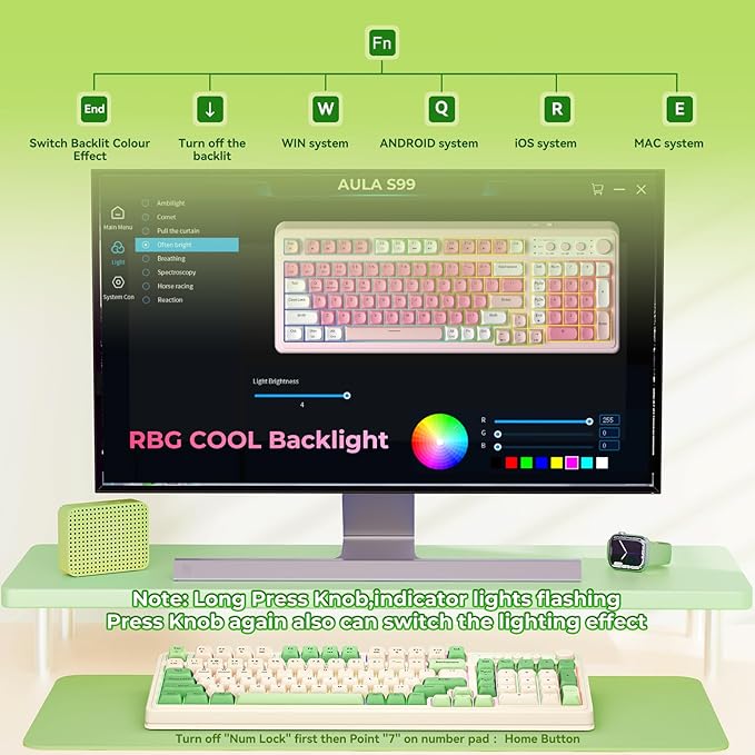 AULA S99 Gaming Keyboard Wireless Computer Keyboards Tri-Mode Bluetooth/2.4GHz/USB-C Custom Creamy Keyboard with Number Pad RGB Backlit Media Knob Cute Programmable Keyboard for PC Gamer - Green