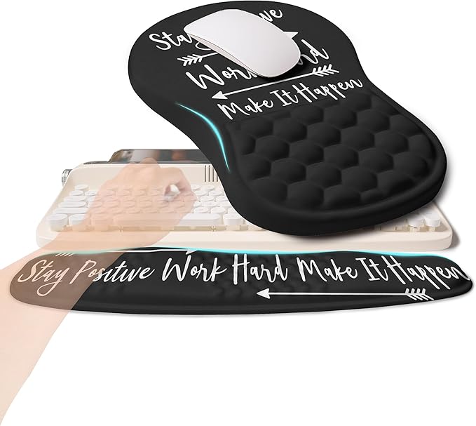 2-in-1 Ergonomic Set Wave Rise Keyboard Wrist Rest and Massage Bulge Slope Mouse Pad Wrist Support Cushion Memory Foam Integrated to Relieve Wrist Pain Stay Positive