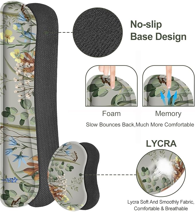 Keyboard Mouse Pad Set Extended Gaming Mouse Pad +Keyboard Wrist Support +Mouse Wrist Rest +Coaster 35.4x15.7 in XXL Large Ergonomic Desk Mat 4in1 Set for Home Office Plant Flowers