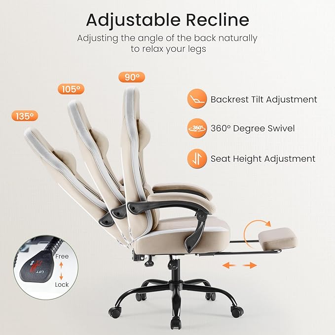 Sweetcrispy Computer Gaming Chair - High Back Ergonomic Desk Chair with Footrest and Lumbar Support Height Adjustable Task Chair with Linkage Armrests and Headrest 360°Wheels Fabric Khaki