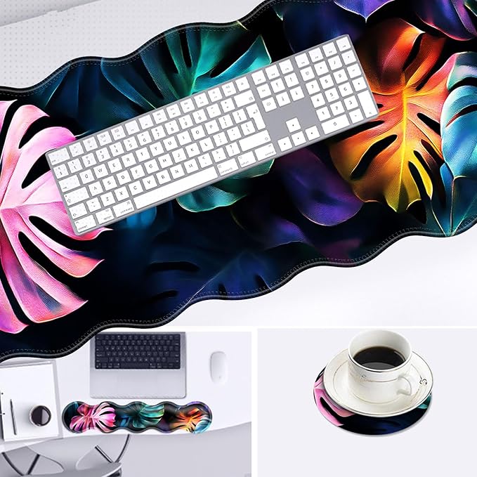 Large Mouse Pad and Keyboard Wrist Rest Desk Pad for Keyboard and Mouse 4-in-1 Large Gaming Mouse Pad with Wrist Support Desk Mat for Home Office Study Game-Colorful Tropical Leaf