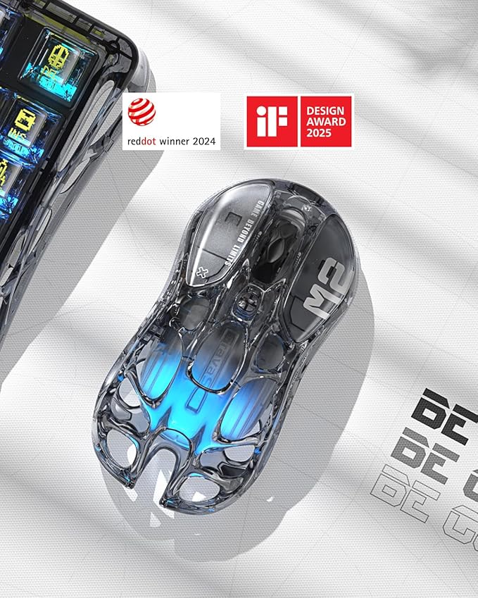 GravaStar Mercury M2 Wireless Gaming Mouse with 26000 DPI PAW3395DM Sensor -79g Lightweight Hollowed-Out Design -5 Programmable Buttons -5 Dynamic Lightsync RGB - Transparent Black