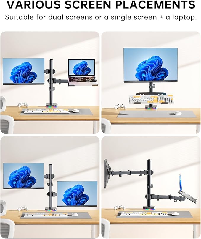 RGB Monitor and Laptop Mount Stand with 3 USB Ports Charging and USB Data Transfer Adjustable laptop stand for 13 to 32 Screen and 11-17” Laptop Holds 18lbs/Arm 75x75/100x100 VESA C-Clamp