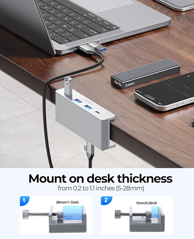 ORICO USB Hub 3.0 Clamp USB Hub with Extra Power Port 3 USB-A Data Ports USB-C Port for Monitors Desks(Silver)