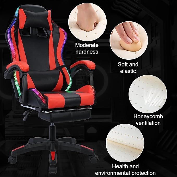 Gaming Chair with Bluetooth Speakers and RGB LED Lights High Back Video Game Massage Chair 360° Swivel Height Adjustable Recliner with Footrest &amp Headrest Lumbar Support Pillows (Black &amp Red)
