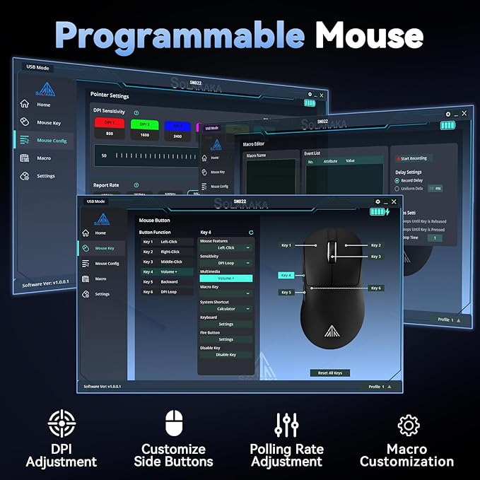 SOLAKAKA SM822 Wireless Gaming Mouse with RGB Charging Dock Tri-Mode Wireless Mouse PAW3311 Optical Sensor Up to 24000DPI 62g Lightweight Mouse with 5 programmable Buttons for PC Laptop (Black)