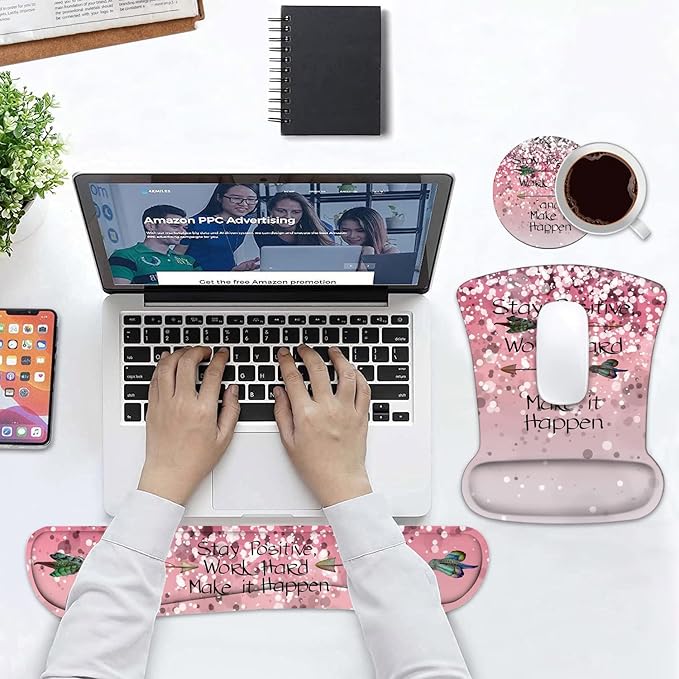 Keyboard Wrist Rest and Mouse Pad Wrist Support Set with Coasters Inspirational Quote Stay Positive Work Hard and Make It Happen Wrist Mouse Pad with Non-Slip PU Base for Home Office Working Studying