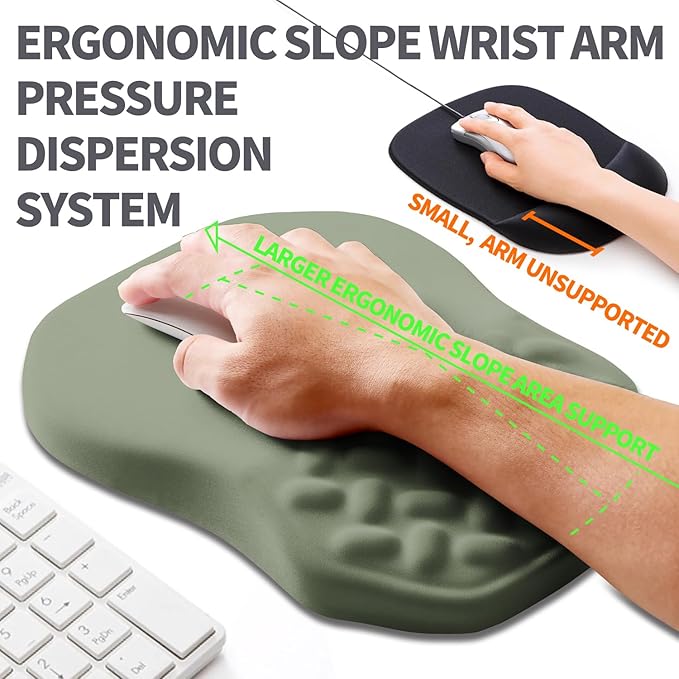 Ergonomic Slope Mouse Pad Wrist Support Wrist Rest Mousepad for Carpal Tunnel Pain Relief with Massage Bulge and Slow Rebound Memory Foam (12x8 inch Olive Green)