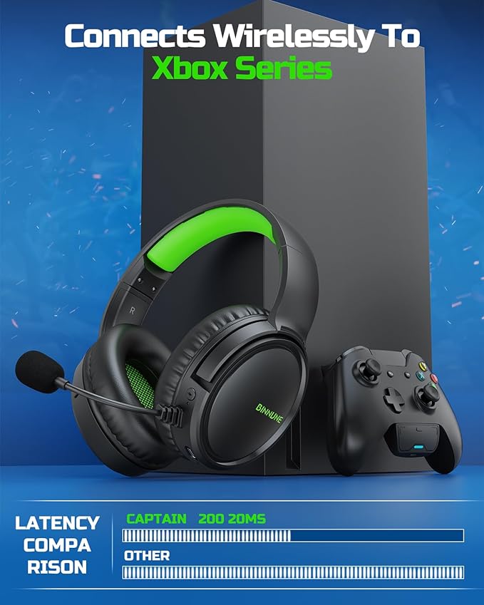 BINNUNE Wireless Gaming Headset for Xbox Series X|S &amp Xbox One Low Latency Wireless + Bluetooth Flip-to-Mute Noise Cancelling Mic 50mm Drivers 40H Battery Over-Ear Headphones