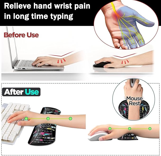 Large Gaming Mouse Pad+ Keyboard Wrist Rest Set Ergonomics Memory Foam Mouse Mat Wrist Rest Support for Home Office Waterproof Extended Mousepad 31.5x11.8in Dream Catcher Black Desk Pad