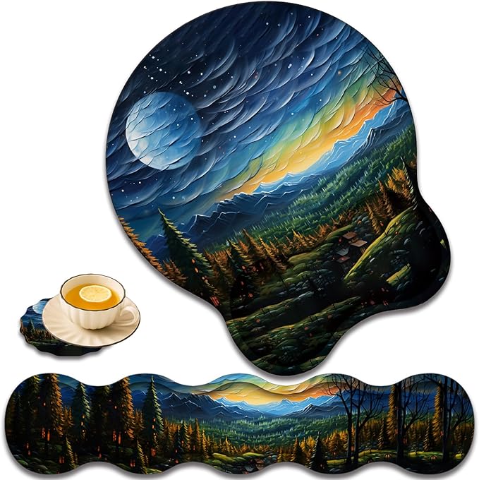 Keyboard Wrist Rest and Mouse Pad Wrist Support with Lace-Shaped Coaster Set Ergonomic Gel Memory Foam and Anti-Slip Base Easy Typing and Pain Relief - Art Moon Starry Night