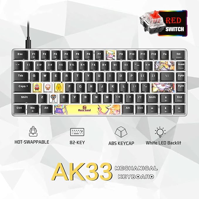 LexonElec Portable 80% Mechanical Gaming KeyboardHot-Swappable Compact 82 KeysWhite BacklitPBT KeycapsErgonomic Wired Office Keyboard for Windows Laptop PC Mac(Red SwitchBlack)