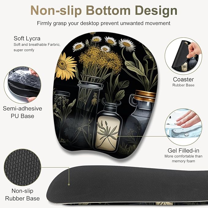Large Mouse Pad with Wrist Support 4 in1 Set XXL Big Game Mousepad + Keyboard Wrist Rest+Mouse Wrist Rest+Coaster Gaming Mat for Home Office Computer I Black Academia Mystical Green Plant