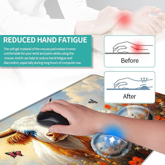 Keyboard Mouse Pad Set Extended Gaming Mouse Pad+Ergonomics Keyboard Wrist Rest Support Memory Foam Easy Typing Pain Relief 4Pcs XL Ultra Thick Desk MatCow Wildflower Butterflies
