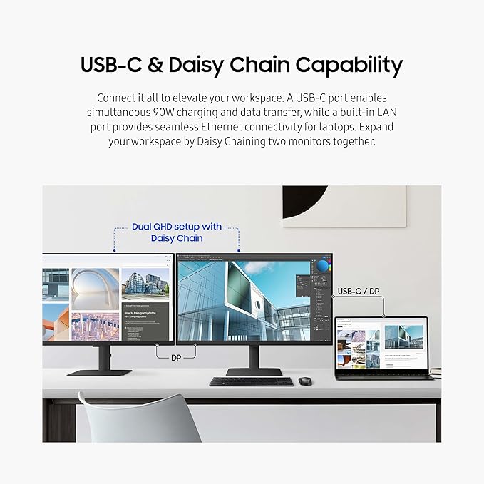 SAMSUNG 32 ViewFinity S6 (S60UD) Series QHD High Resolution Computer Monitor 100Hz HDR10 USB-C Built-In LAN Port Daisy Chain Support Easy Setup Height Adjustable Stand LS32D606UANXGO 2024