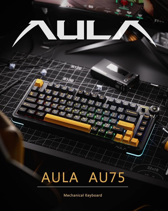 AU75 Wireless Mechanical Keyboard x Aula 75% Hot-Swappable RGB Gaming Keyboard with Multi-Device Connectivity Customizable LED Backlit Knob Control PBT Keycaps for Windows Mac PC Tablet
