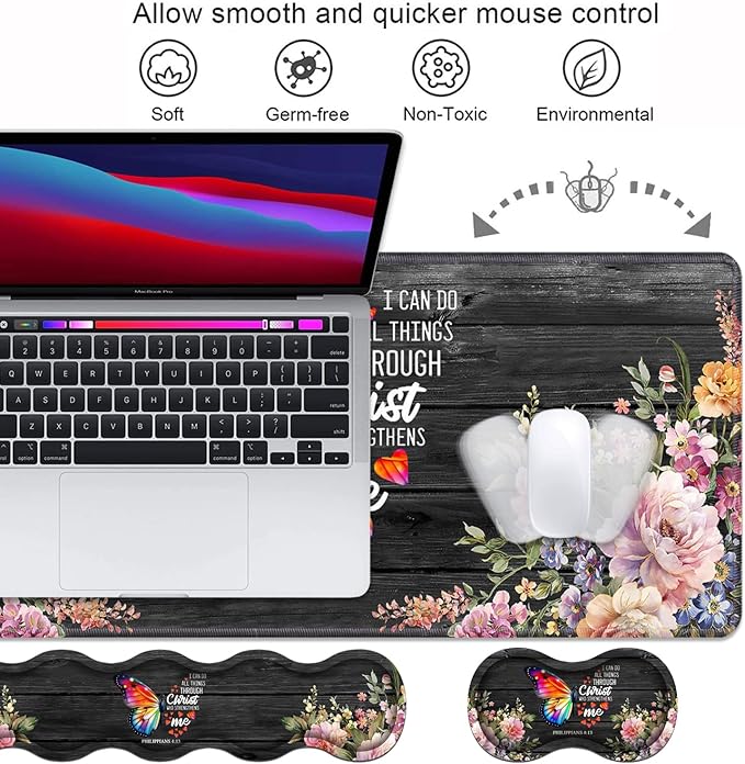 Ergonomic Keyboard Wrist Rest &amp Mouse Pad Wrist Rest Set Large XXL Gaming Desk Mat 31.5x 11.8 Memory Foam Easy Typing Pain Relief for Office &amp Home Butterfly Quote Bible Verse Philippian
