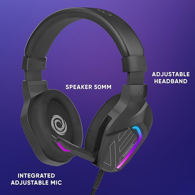 Oniverse Wired Gaming Headset with Adjustable Microphone Compatible with PS5 PS4 Switch Xbox PC Mac LED Gaming Headset 50mm Speakers Comfortable and Breathable Wired Jack – Meteor (Carbon Black)